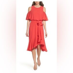 Eliza J Cold Shoulder Party Dress in Poppy (coral).